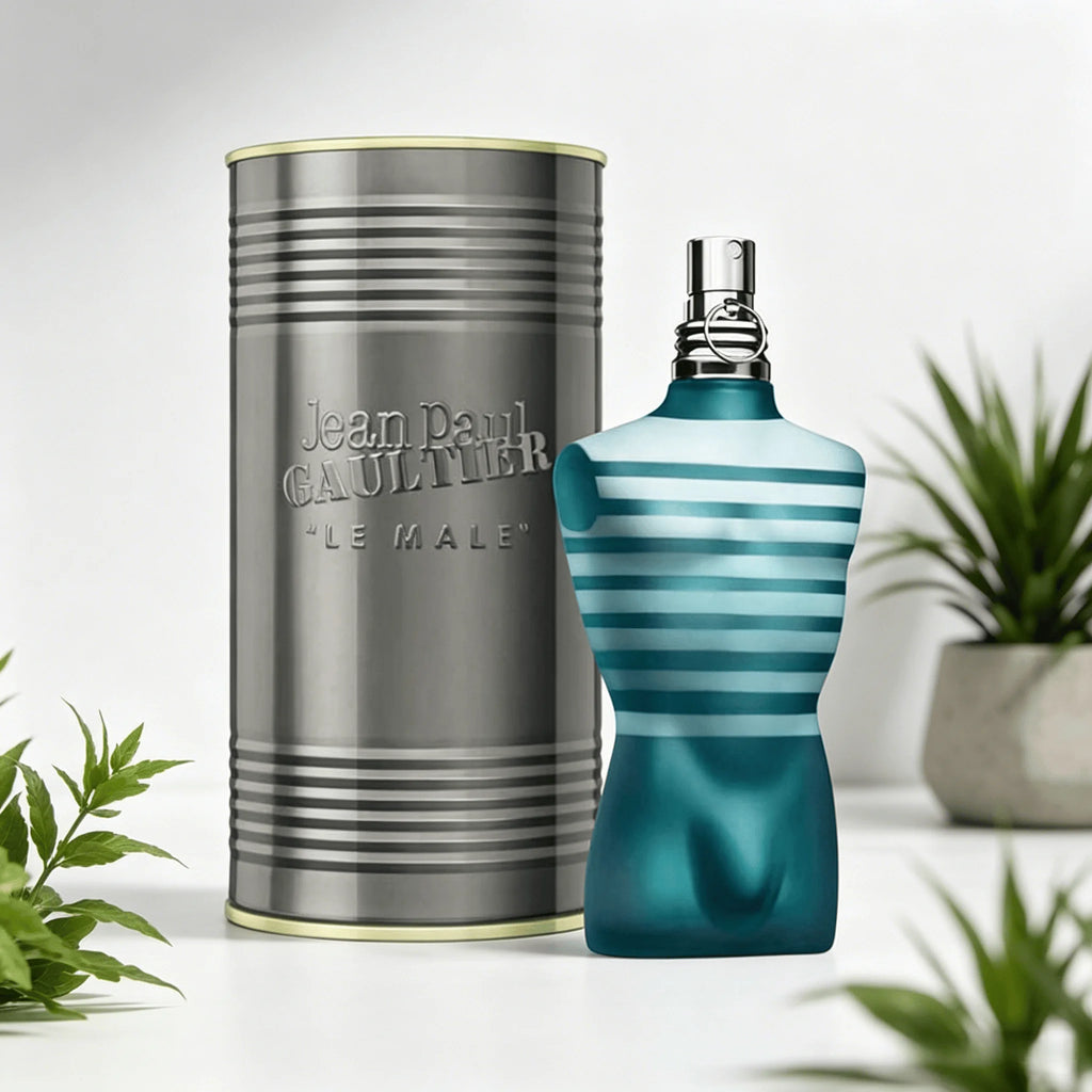 Jean Paul Gaultier Le Male Eau De Toilette 125ML With Original Silver Cylindrical Gift Box Long Lasting Fresh Mint Lavender Vanilla Woody Fragrance Men Perfume Matte Teal Striped Torso Bottle Silver Ring Cap Masculine Daily S