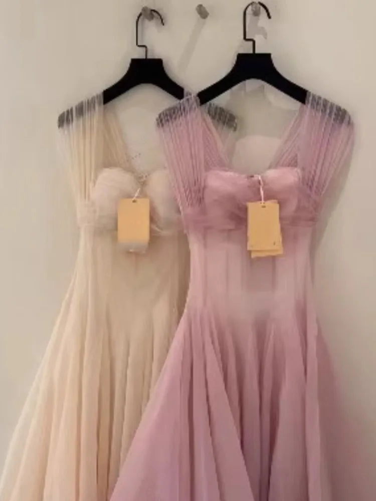 DEAT Elegant Dress Strapless Gauze High Waist Pleated A-line Big Swing Women's Evening Party Dresses 2026 Spring New 35Z2614
