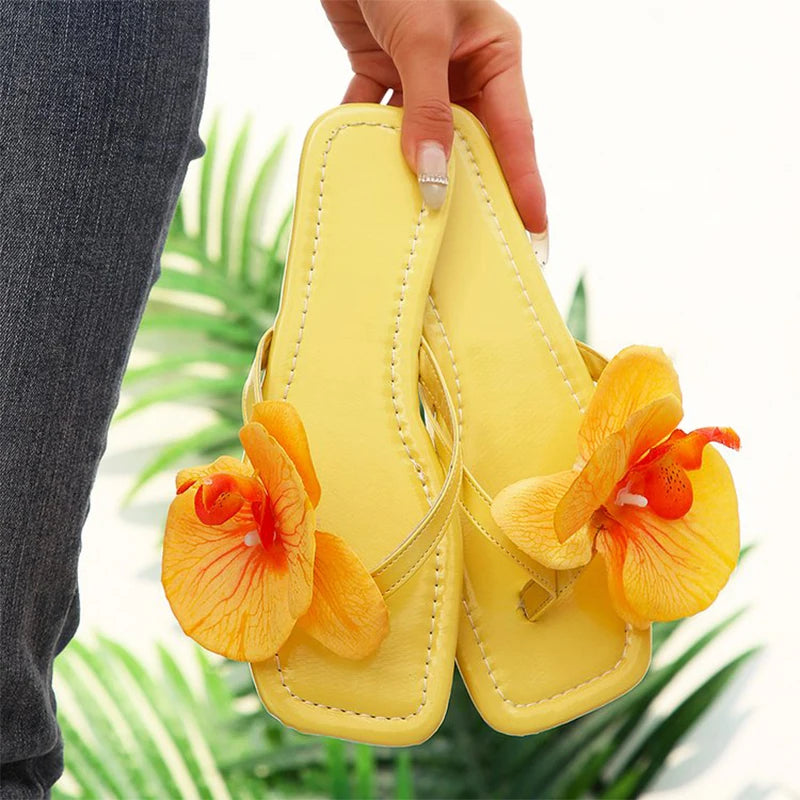Beach Vacation Clip Toe Orchid Floral Sandals Women Yellow Bohemian Flat Flip-Flops Woman Outdoor Comfortable Soft Soles Sandals