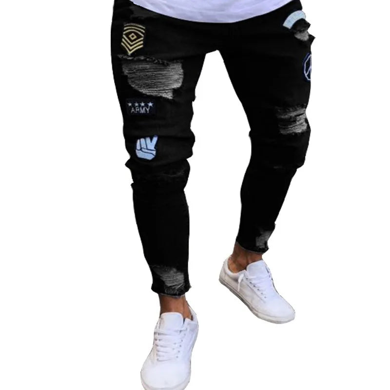 Men Jeans Knee Hole Ripped Stretch Skinny Denim Pants Solid Color Black Blue Autumn Summer Hip-Hop Style Slim Fit Trousers S-4XL