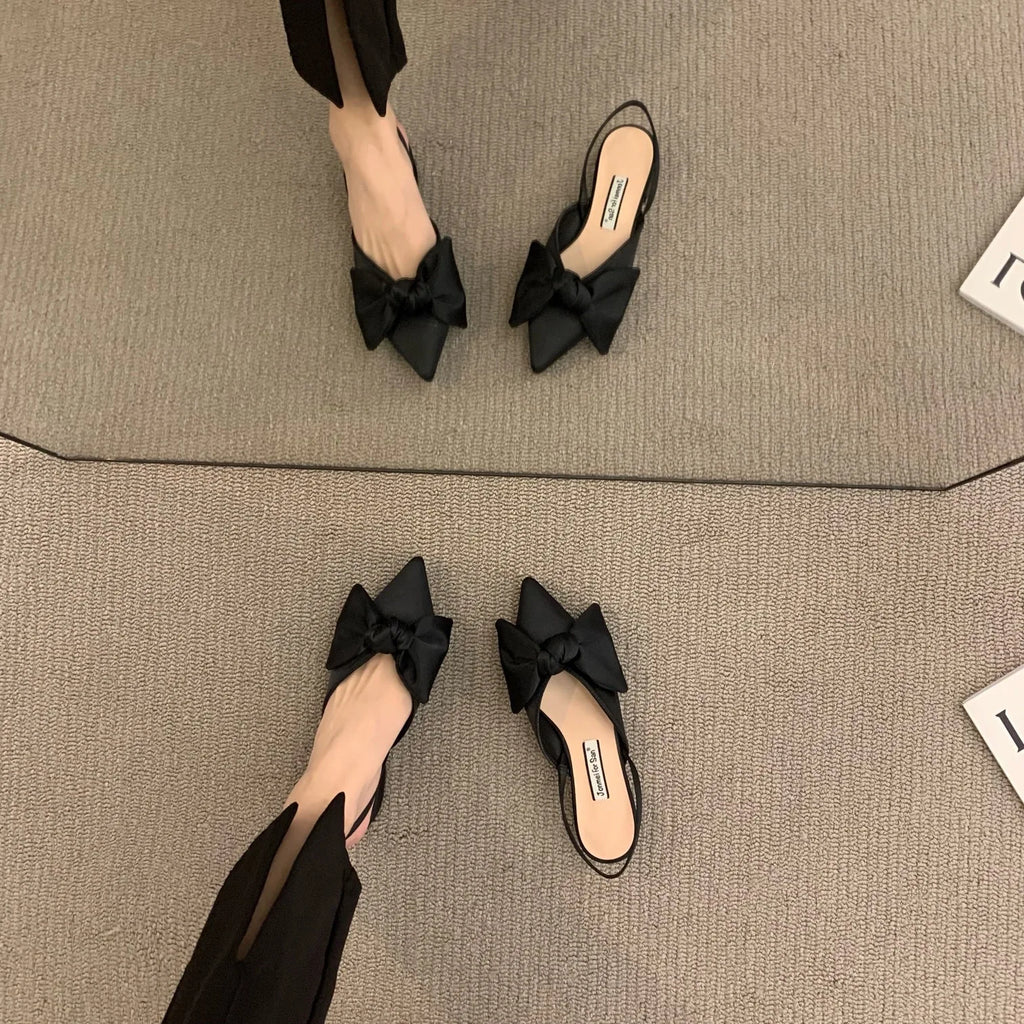 Bow Sandals Women 2026 Summer Pointed Low Heel Sandals Women Fashion Baotou Thin Strap Sandals High Heels Sandalias De Mujer