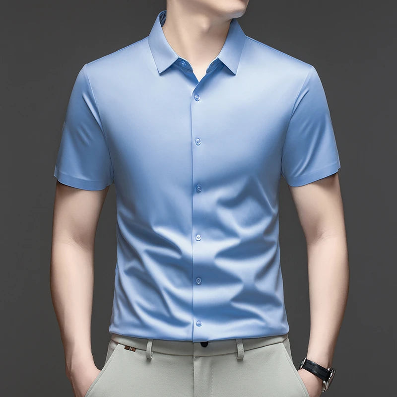 Mens Summer Business Short Sleeved Shirt Seamless Construction High Stretch Easy Care for AllDay Comfort