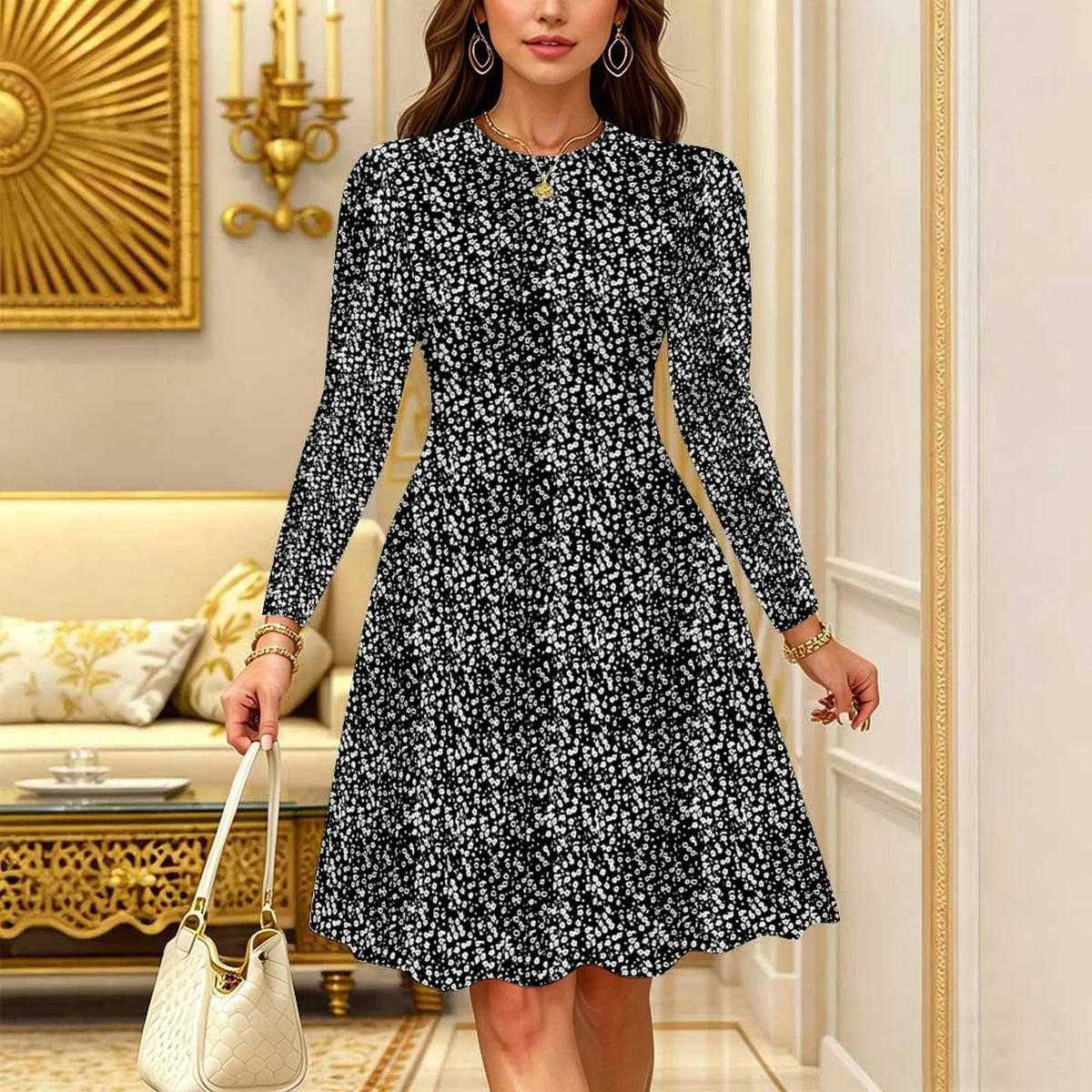 Women's Bohemian Casual Midi Dress Print Round Neck Long Sleeve A Line Loose Swing Dresses