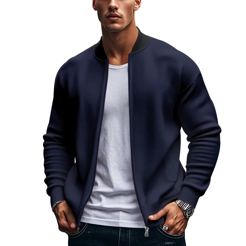 2024 New Spring And Autumn Men's Stand Collar Jacket Solid Color Leisure Sports Long Sleeve Zipper Coat Straight Tube Large Size
