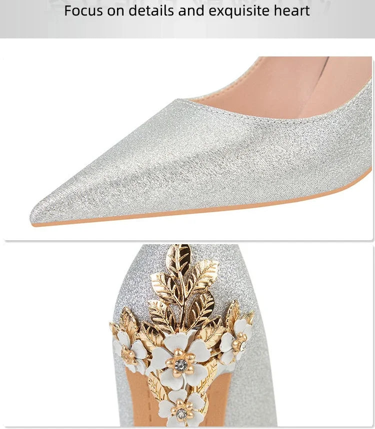 High End Metal Flower High Heels New European American Fashion Luxury Sexy Pointed Women's Shoes Banquet Party Casual Shoes