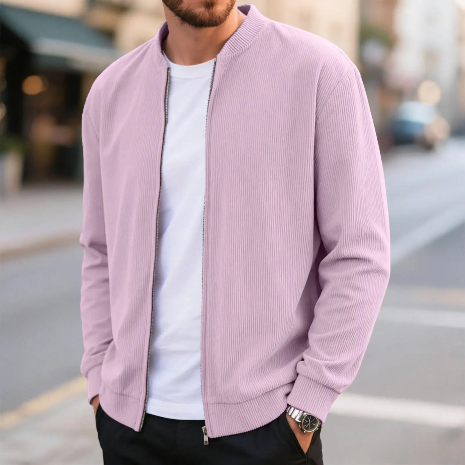 Corduroy Solid Color Men'S Casual Coat Round Neck Zipper Long Sleeve Outerwear Autumn/Winter Stylish Male Jacket Overcoat