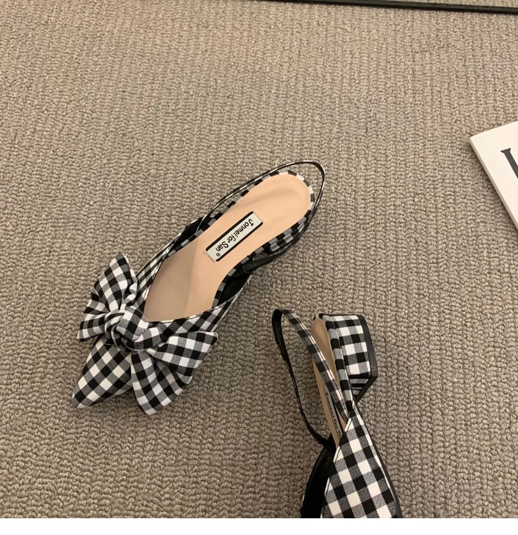Bow Sandals Women 2026 Summer Pointed Low Heel Sandals Women Fashion Baotou Thin Strap Sandals High Heels Sandalias De Mujer