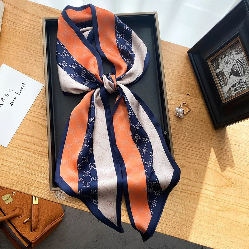 Fashion Blue Print Silk Scarf Women Soft Satin Horse Hairband Bevel Neckerchief Office Hijab Headband Foulard Bag Ribbons Gift