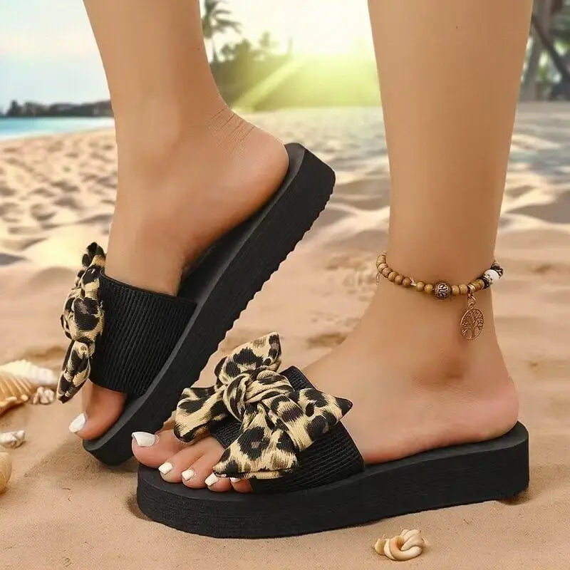 Sexy Leopard Bowknot Wedge Heel Beach Slippers Women Summer 2026 Lightweight EVA Thick Bottom Slippers Plus Size Woman's Sandals