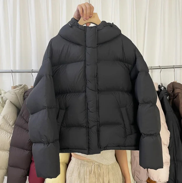 Down jacket women's 2025 winter new short hooded new national standard white duck down bread jacket, puff light luxury jacket
