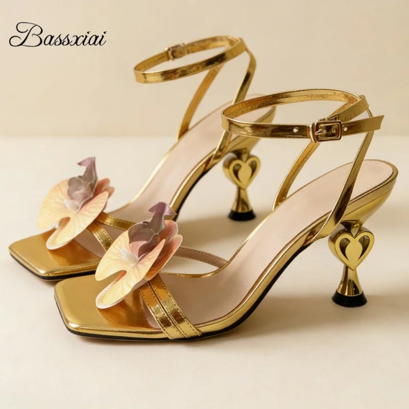 Vivid Orchid Flower Decor Modern Sandals Women Cross Strap Strange Heel Square Toe Party Shoes Summer