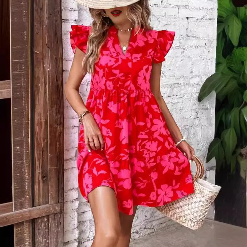 Sweet Flower Print Women's Dress 2025 Summer New Lotus Leaf Sleeves V-Neck Loose Casual Fashion Beach Party Dress Boho Sundress