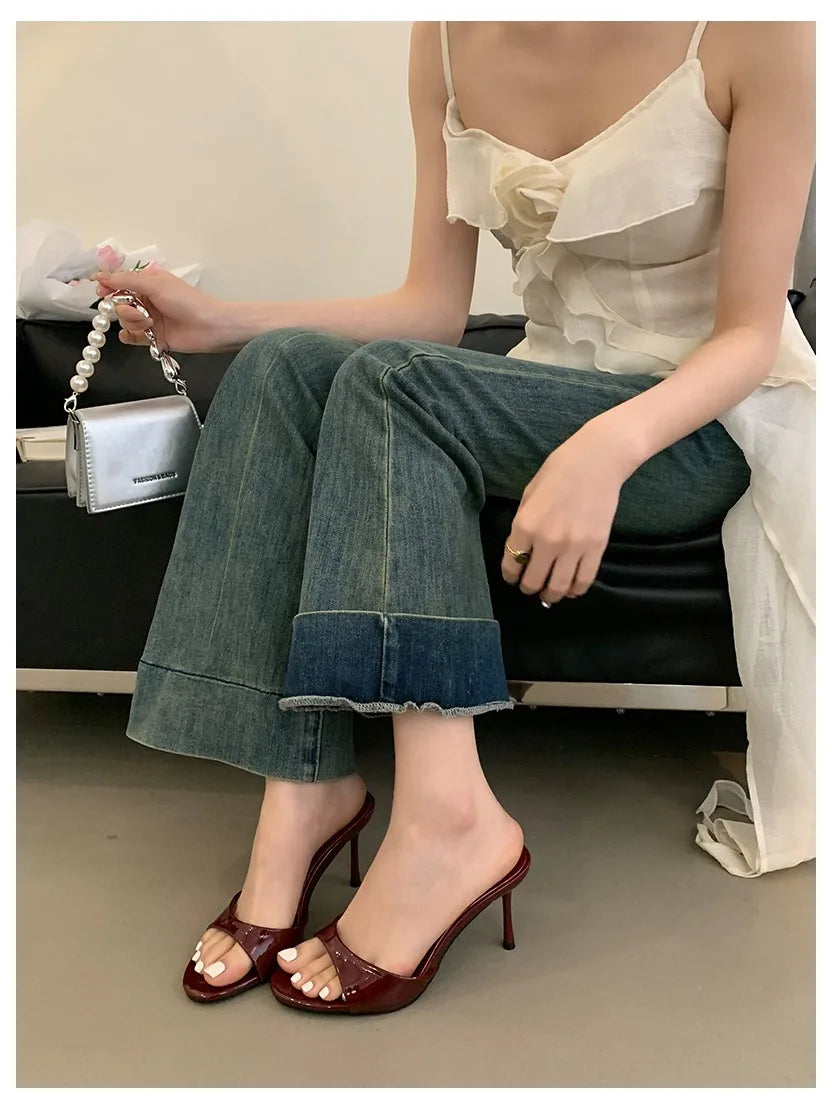 2026 Fashion Sexy Thin High Heels Slides Women Open Toe Pumps Slip Sandal Female Slippers Mule Patent Leather Outdoor Flip Flops