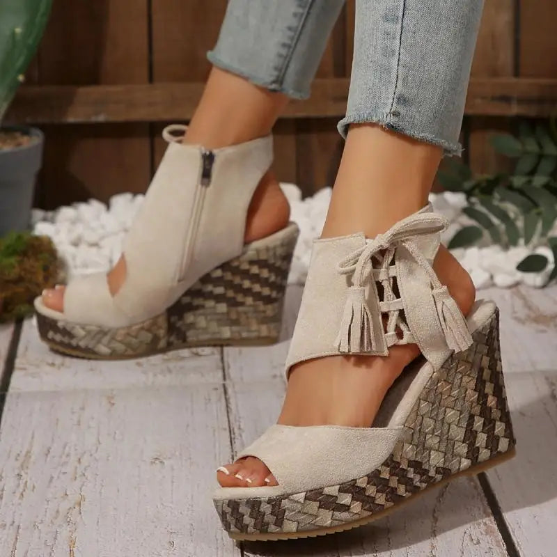 Bohemia Tassel Decoration Side Zip Sandals Women 2026 Summer Chunky Platform Wedge Heel Sandals Sexy Super High Heel Beach Shoes