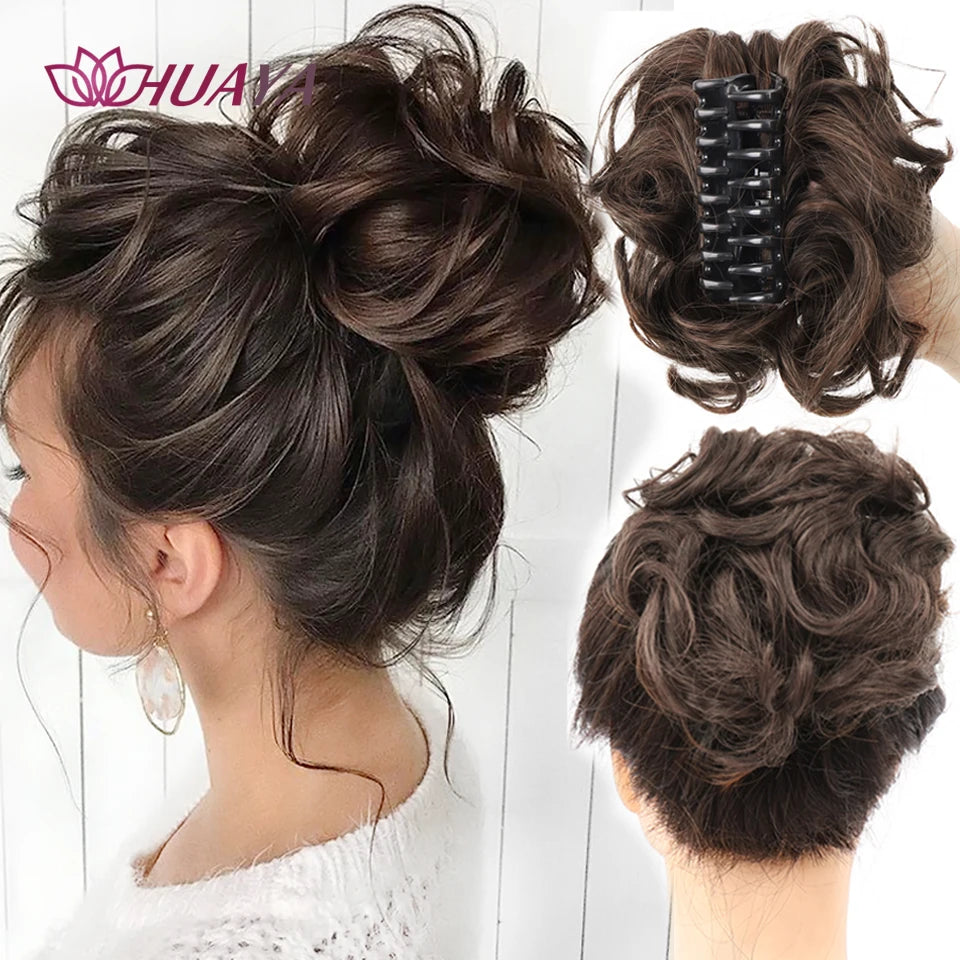 HUAYA Messy Curly Short Synthetic Hair Extension Chignon Donut Roller Bun Wig Claw Clip In Hairpiece for Women