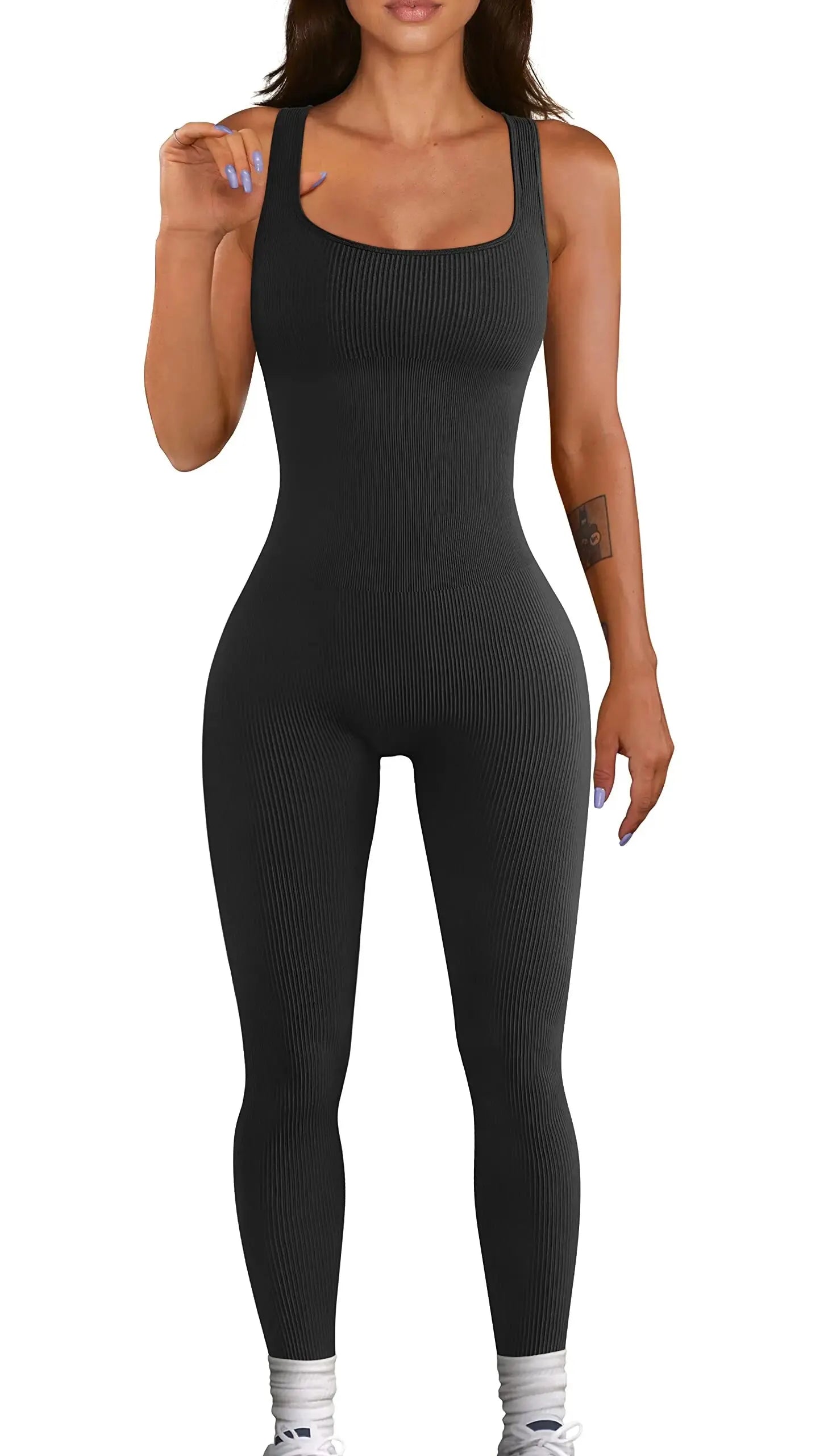 CZGUKE Women's seamless one-piece sportswear yoga ribbed slim-fitting one-piece square-neck base pants long pants fitness wear