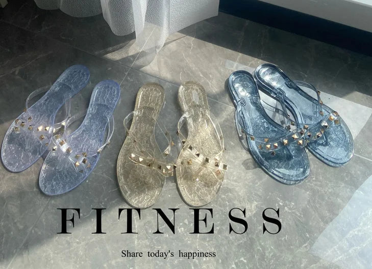 Ladies Leisure Waterproof Shoes Summer Zoris Slippers In Flats Clear Yellow Flip-Flops With Gold Stud Bow-Knot PVC Slides 36-42