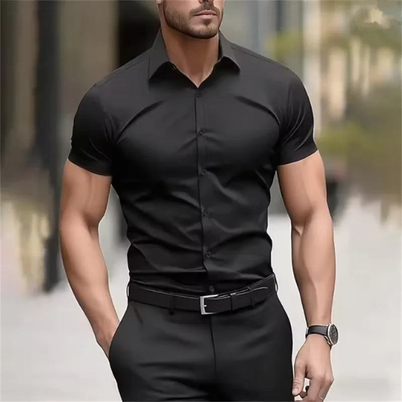 Men's Summer Business Shirt Short Sleeve Stretch Fabric Black Without Pocket Slim Fit Male Social Dress Shirt High Quality 5XL
