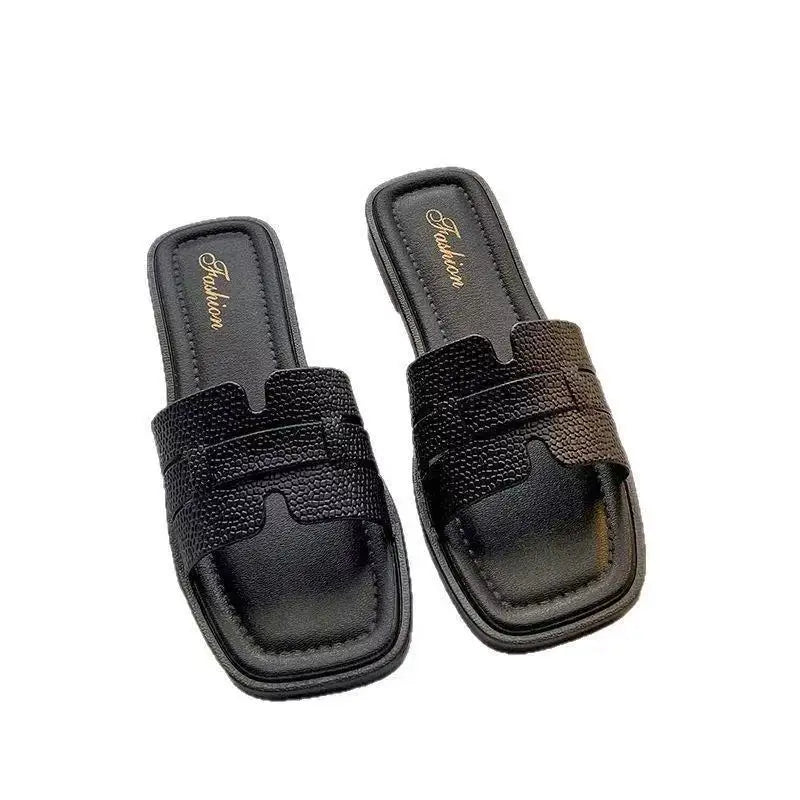 Fashion women's smooth slippers small Xinhong style French-style square toe high-end summer beach and outdoor slippers Advanced