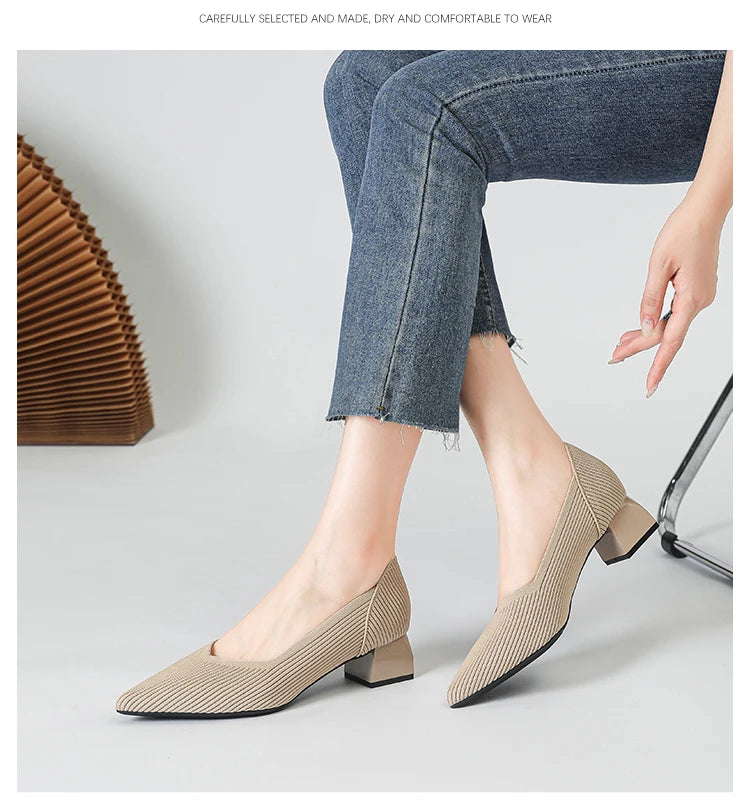 2026 New Women's High Heels Large 42/43 Fashion Pointed Anti slip Rubber Bottom Knitted Breathable Shoes