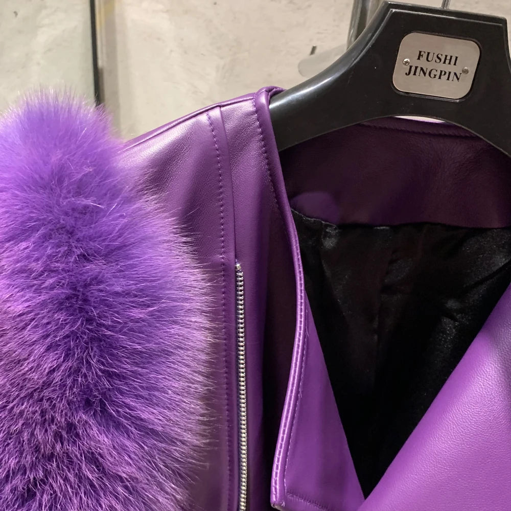 Leather Fur Jacket Natural Fur Sleeve Ladies Short Leather Jacket Real Fox Fur Sleeve Coat Women Autumn 21001-1