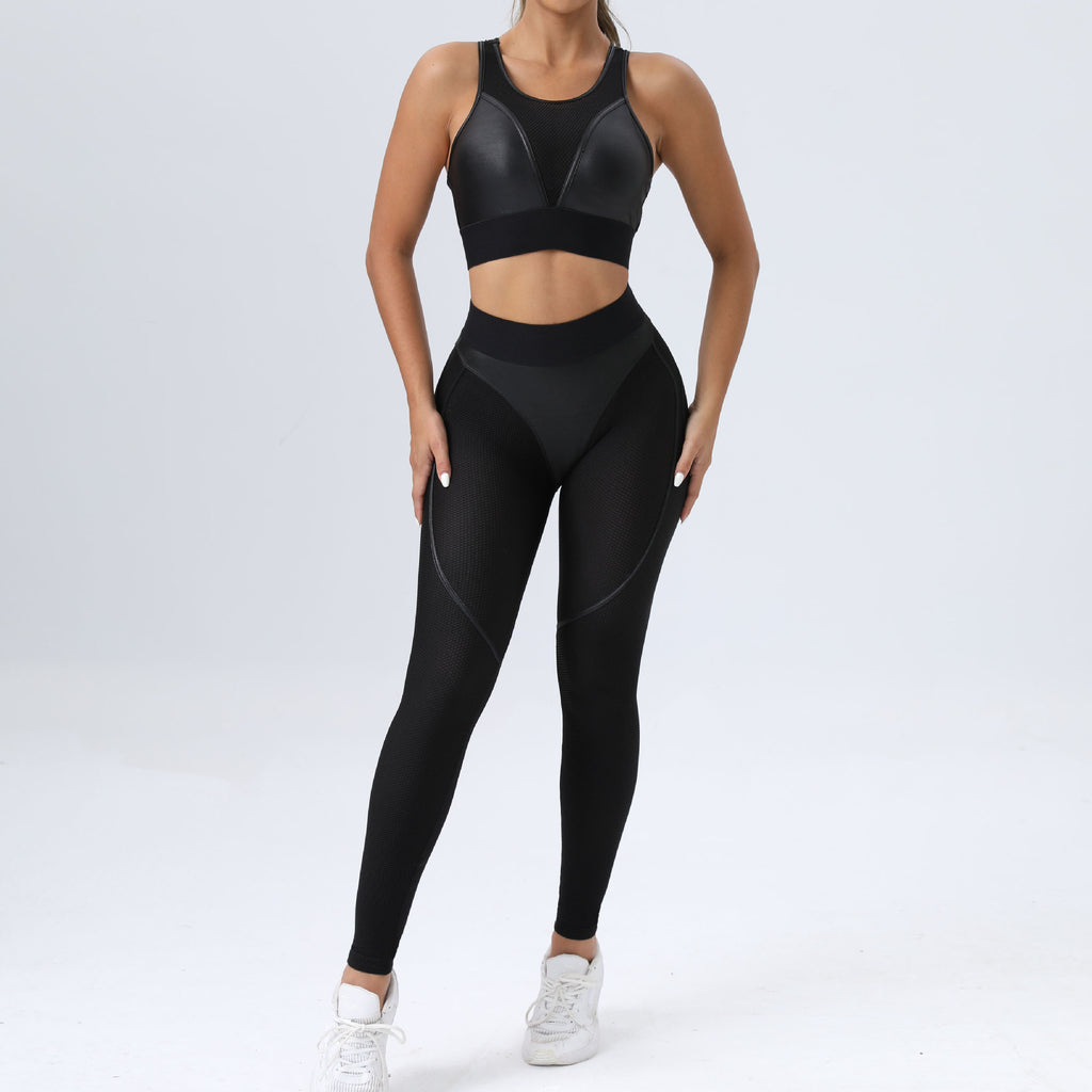 Fashion Mesh Patchwork Suit for Fitness Sportswear Women Gym Yoga Workout Clothes Elastic Breathable Sport Set Tracksuit Black