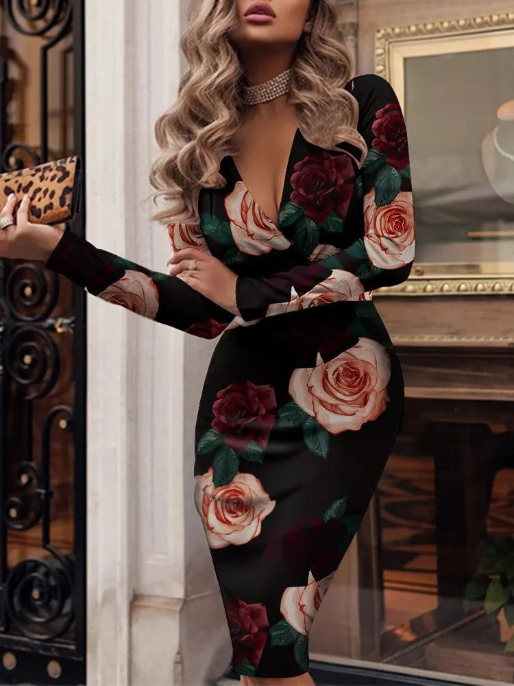 Autumn New Women's Dress Sexy Deep V Fashion Pleated Sequin Tight Fitting Hip Hugging Long Sleeved Knee Length Dress