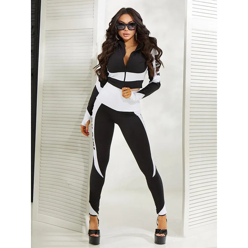 Krisnanas Women's Trousers Sets Long Sleeves Contrast Color Letter Print Zipper Tops&wrap Tights Leggings Yoga Gym Clothes 18532