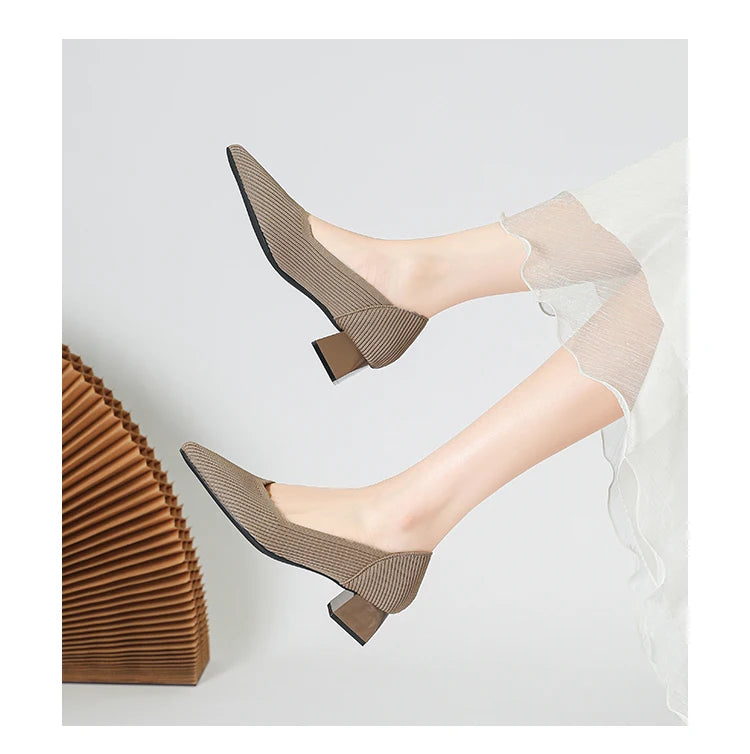 2026 New Women's High Heels Large 42/43 Fashion Pointed Anti slip Rubber Bottom Knitted Breathable Shoes