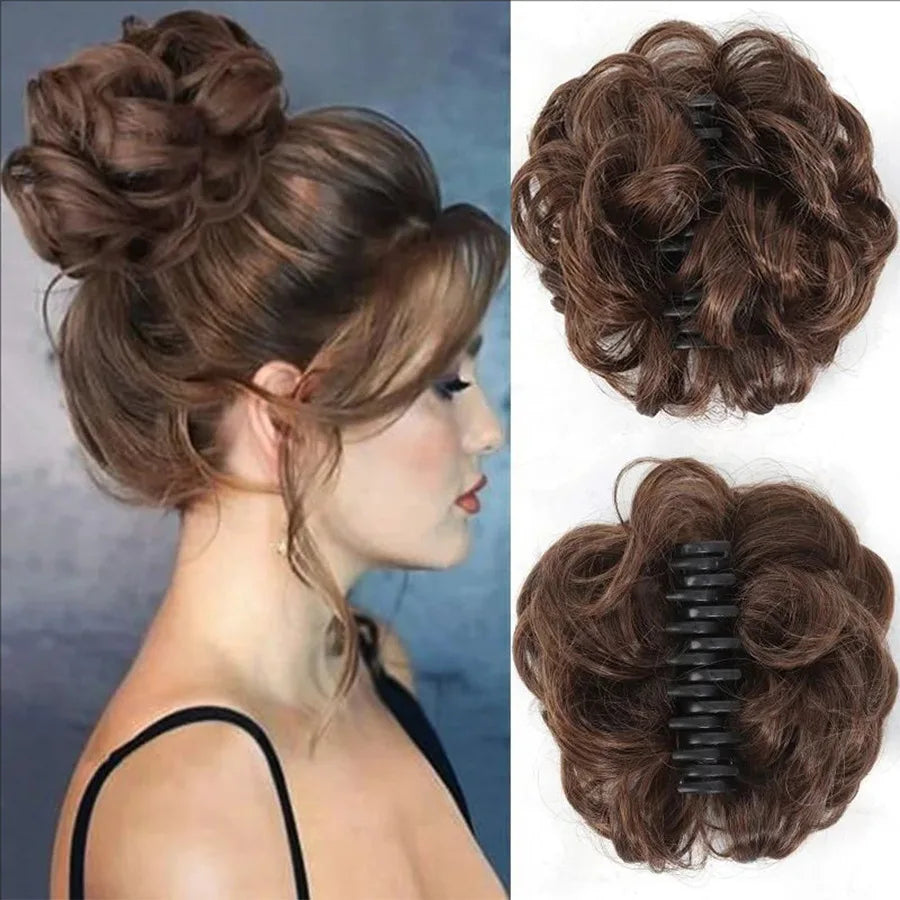 Synthetic messy hair clip bun short curly hair clip in a woman's ponytail hair extension bun wig