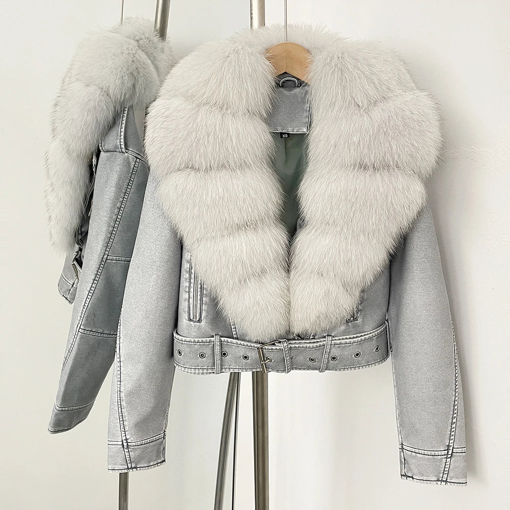 Faux PU Leather Jacket Natural Fox Fur Female New Autumn Short Top Clothing Women Long Sleeve Fake Leather Coat Real Fur Coat