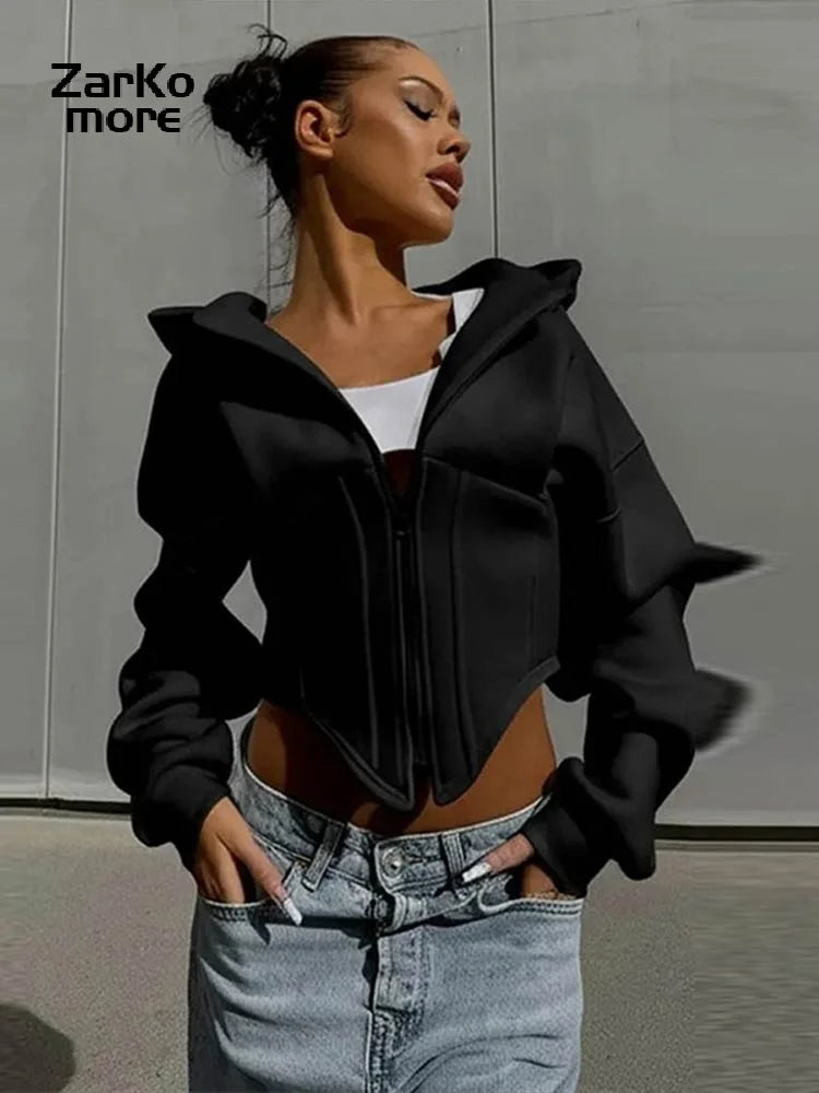 Street Women's Solid Hooded Sweatshirt Jacket Slim Long Sleeved Zipper Waist Cinching Cropped Jackets 2026 Autumn Lady Suits New