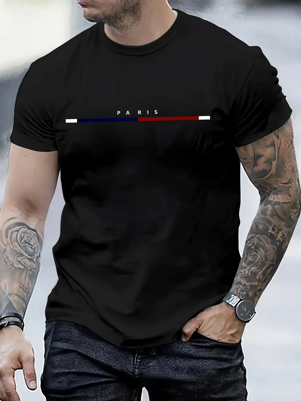 2026 Hot Sale Men's 100% Cotton Summer Loose PARIS Creative Letter Print Casual Slim Fit Round Neck Short Sleeved T-shirt Top