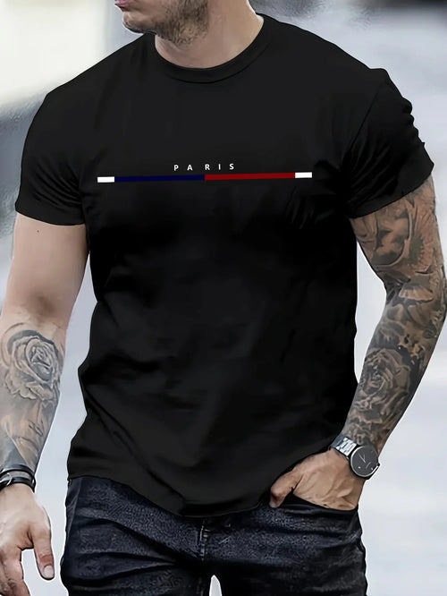 2026 Hot Sale Men's 100% Cotton Summer Loose PARIS Creative Letter Print Casual Slim Fit Round Neck Short Sleeved T-shirt Top
