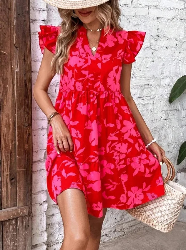Sweet Flower Print Women's Dress 2025 Summer New Lotus Leaf Sleeves V-Neck Loose Casual Fashion Beach Party Dress Boho Sundress