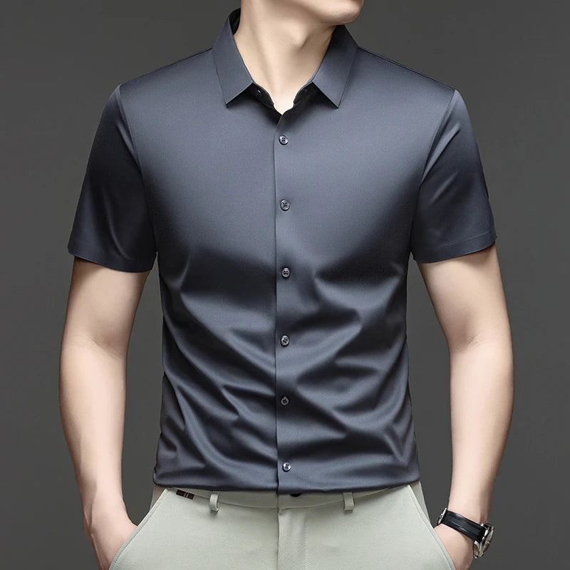 Mens Summer Business Short Sleeved Shirt Seamless Construction High Stretch Easy Care for AllDay Comfort