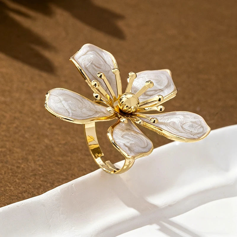 Huitan Gorgeous Flower Rings with White Enamel for Women Aesthetic Adjustable Finger Accessories Elegant Graceful Party Jewelry