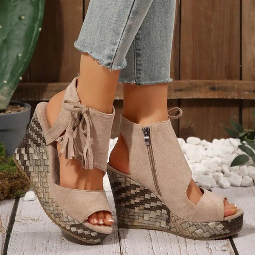 Bohemia Tassel Decoration Side Zip Sandals Women 2026 Summer Chunky Platform Wedge Heel Sandals Sexy Super High Heel Beach Shoes