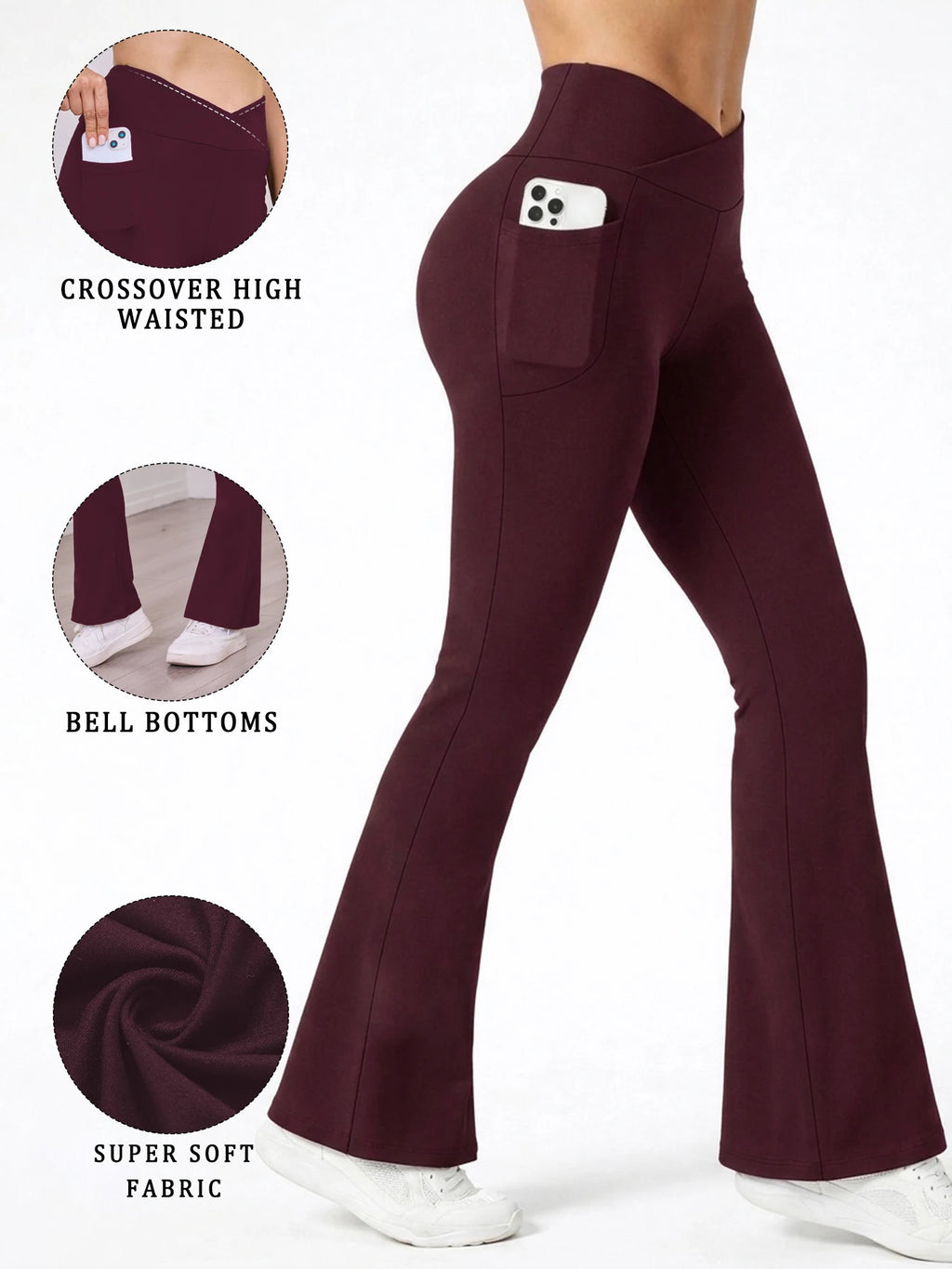 Super Soft Crossover Leggings Women High Waisted Flare with Pockets Tummy Control Yoga Pants