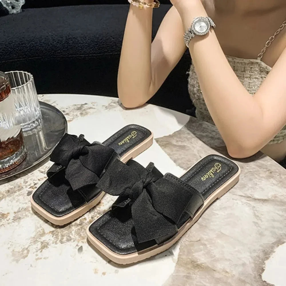 Casual Soft Sole Bowknot Slippers PVC Sweet Flat Slides Sandals Anti Slip Beachwear Slippers Women Summer