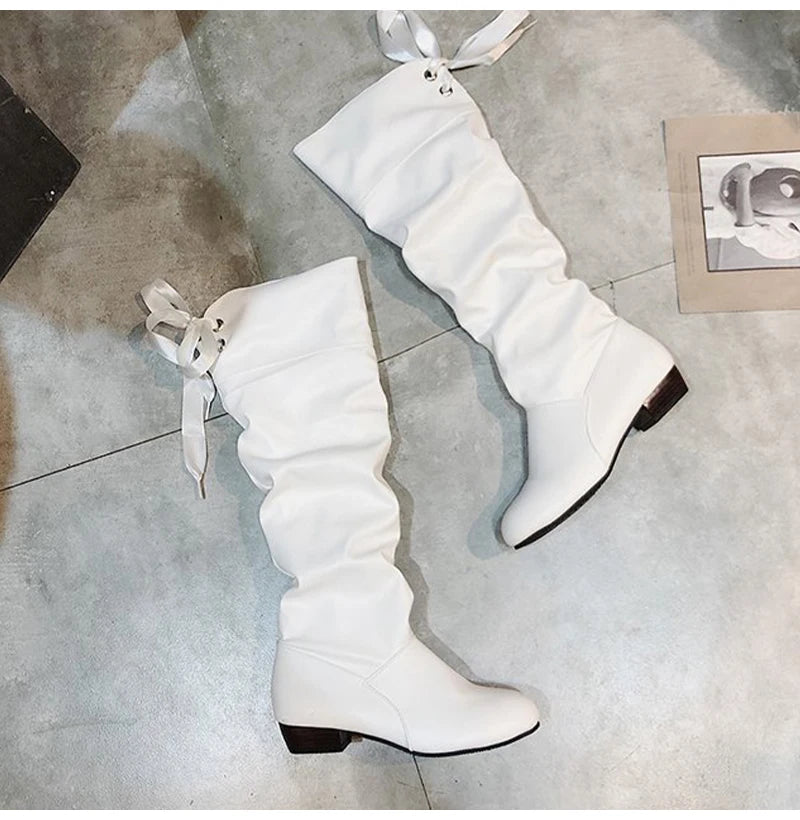 Shoes For Women  Knee High Boots Red Black White Tall Boots Woman Pleated Low Heel Casual Leather Female Long Shoes 2024