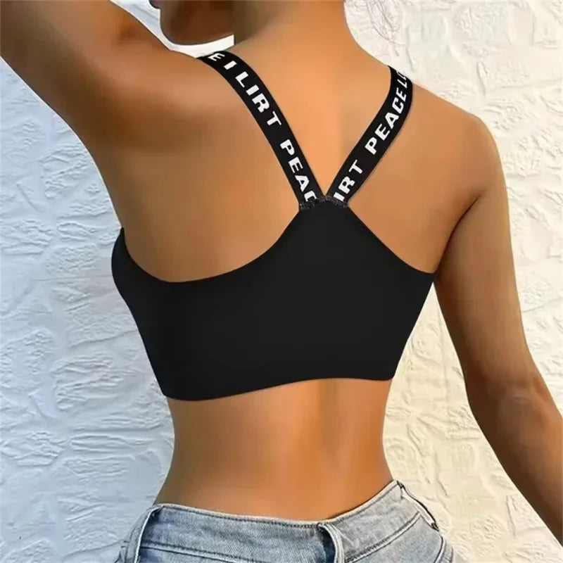 Sports Undertop Women Yoga Fitness Seamless Crop Top Wide Letter Straps Comfortable Workout Activewear Back Without Underwire I