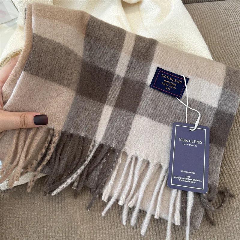 Faux Cashmere Plaid Scarf British Classic Style Light Luxury Unisex Warm Winter Autumn Neck Wrap for Couple