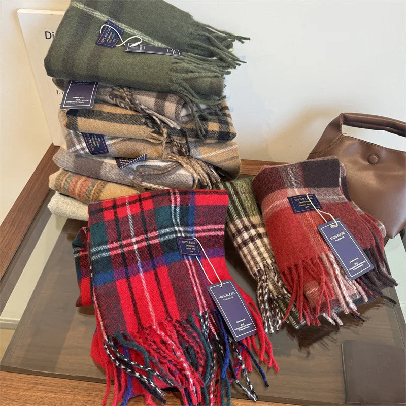 Faux Cashmere Plaid Scarf British Classic Style Light Luxury Unisex Warm Winter Autumn Neck Wrap for Couple