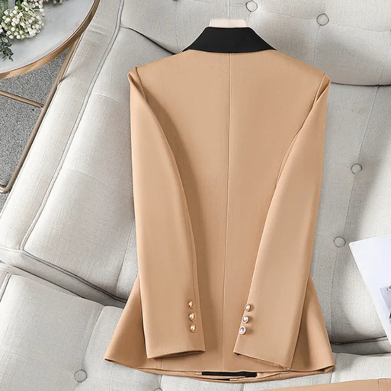 XFPV Office Lady Women Long Sleeves Blazer 2025 Autumn New Contrast Color Double Breasted Notched Loosĺe Blazers Coat Autumn New