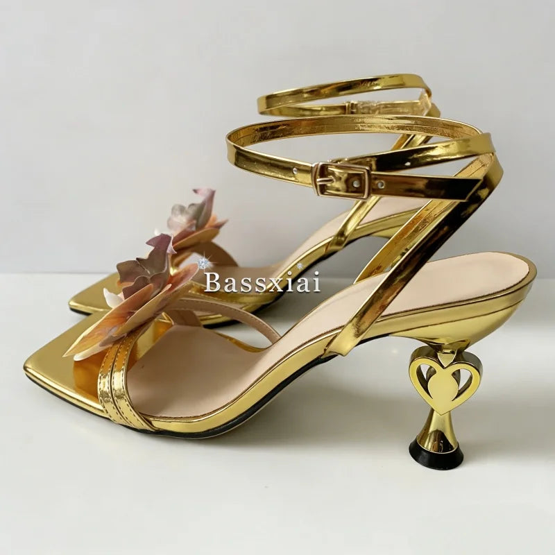Vivid Orchid Flower Decor Modern Sandals Women Cross Strap Strange Heel Square Toe Party Shoes Summer