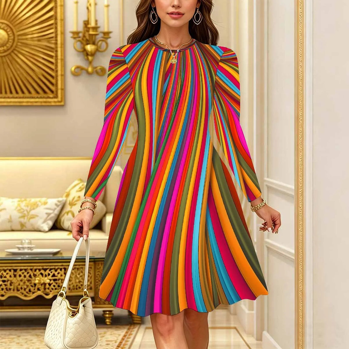Women's Bohemian Casual Midi Dress Print Round Neck Long Sleeve A Line Loose Swing Dresses