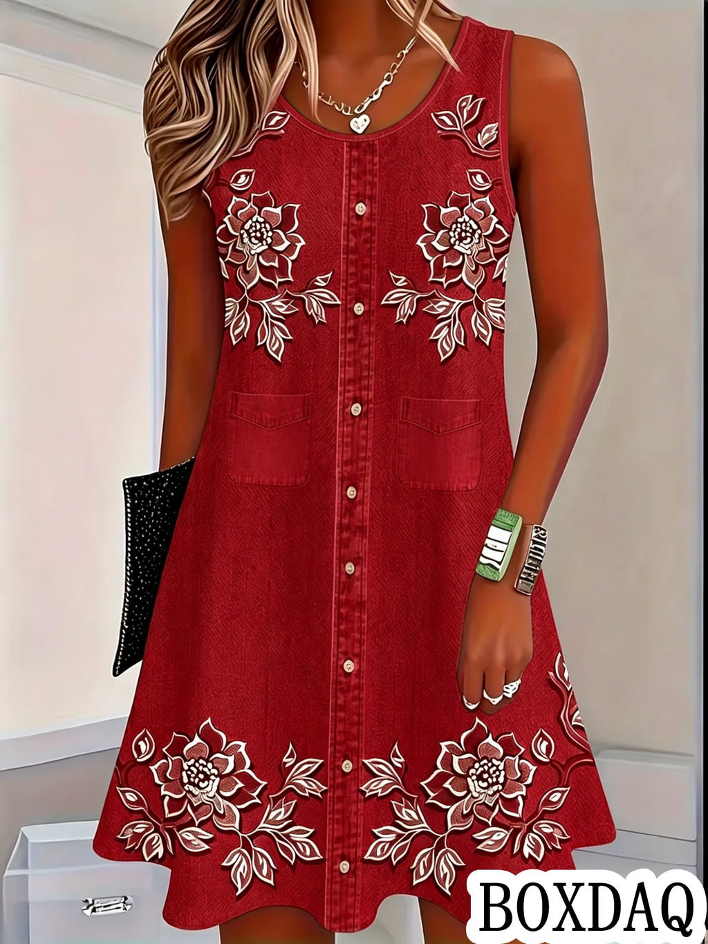 Women Vintage Pattern Flowers Print Dresses Summer Fashion Sleeveless Dress Casual Sundress Beach Loose Dress