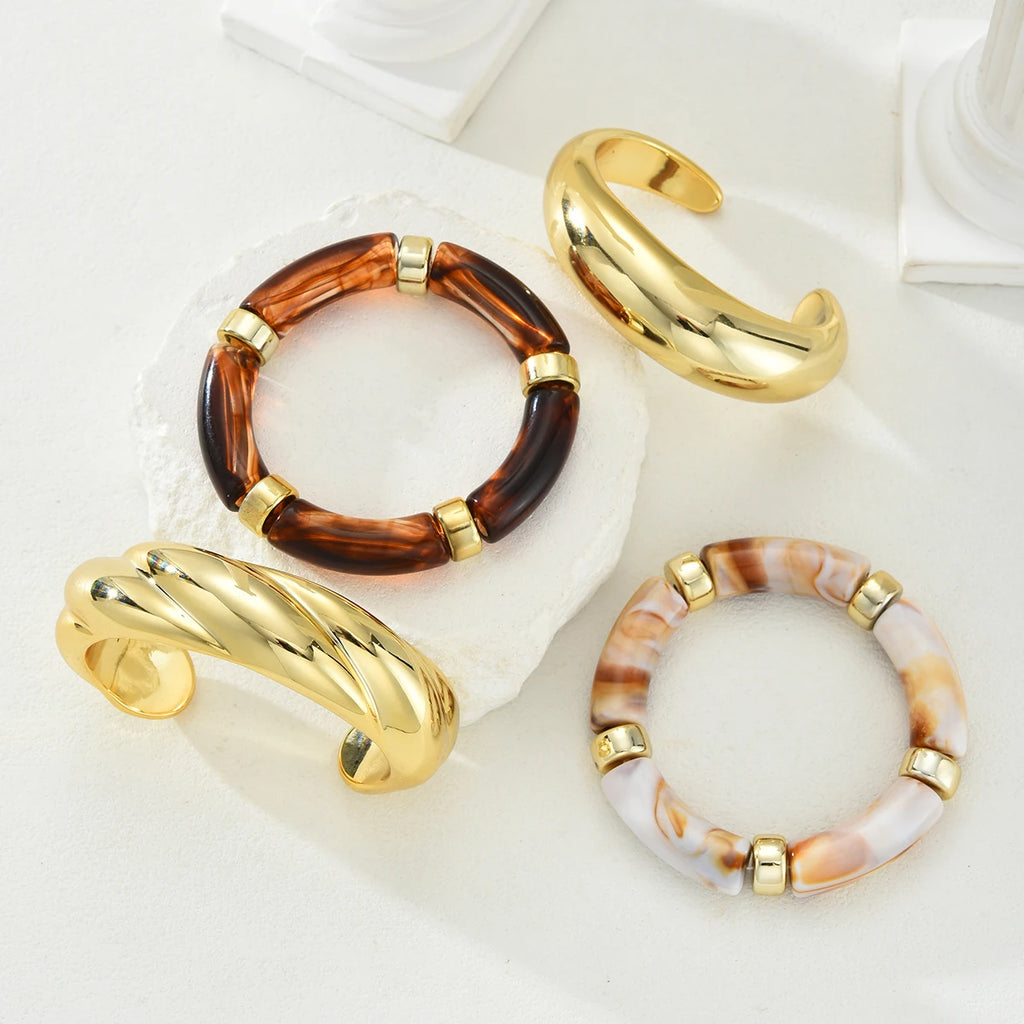 4 Pcs Exaggeration Irregular Geometric Wide Metal Bangles Women Acrylic Punk Chunky Cuff Elasticity Bracelets Minimalist Jewelry