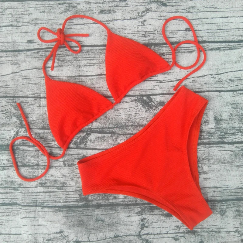 Bikini Sexy Solid Color Swimwear Women's Triangle Stripe Bikini Set Swimwear Beach Wear Women's